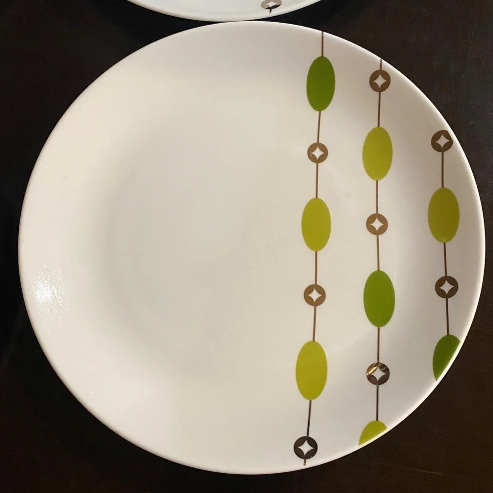 Pier 1 White Salad Plates with Blue &Green Accents. Beaded Garland. Set of 4.